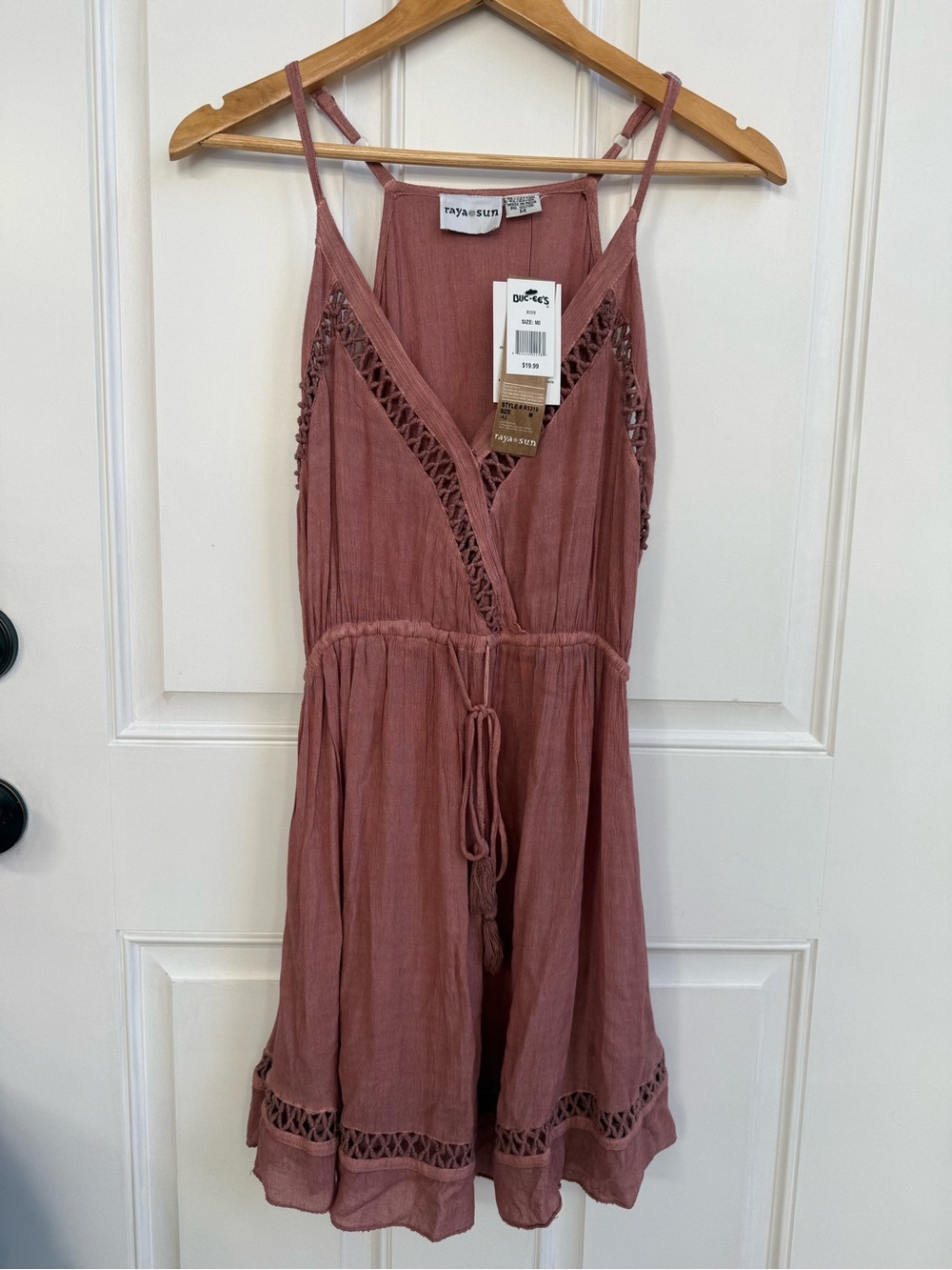 Ladder-Lace Coastal Sleeveless Mauve Summer Dress With Tassel Drawstring Waist
